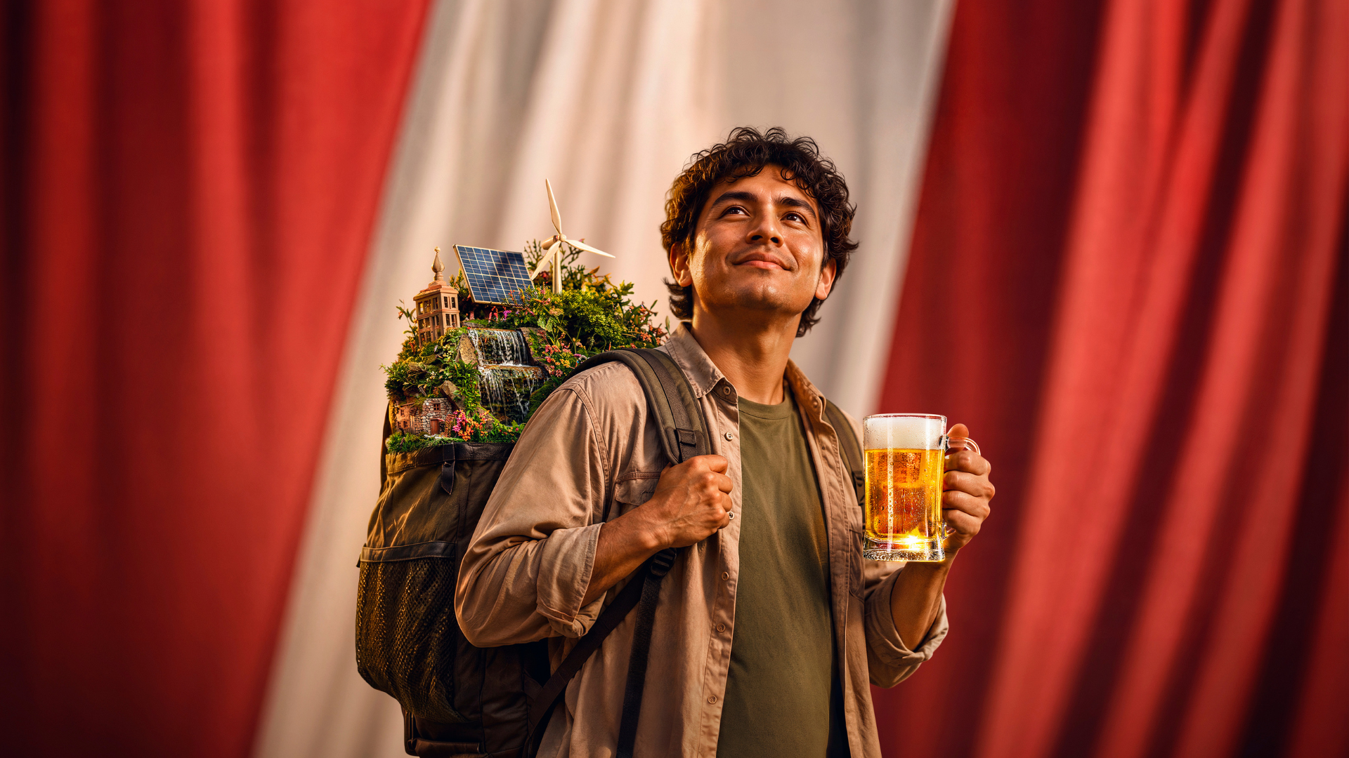 Deseo brindar por el respeto a nuestra riqueza natural — un joven levanta un chopp mientras carga la riqueza natural del Perú.