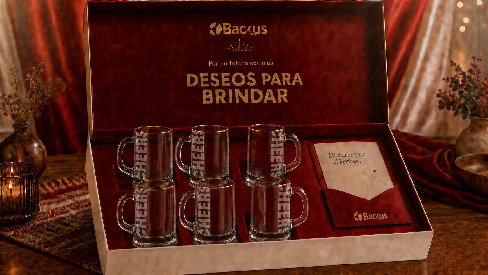 Kit especial de la campaña Deseos para Brindar: caja con seis vasos edición especial y libreta de deseos.